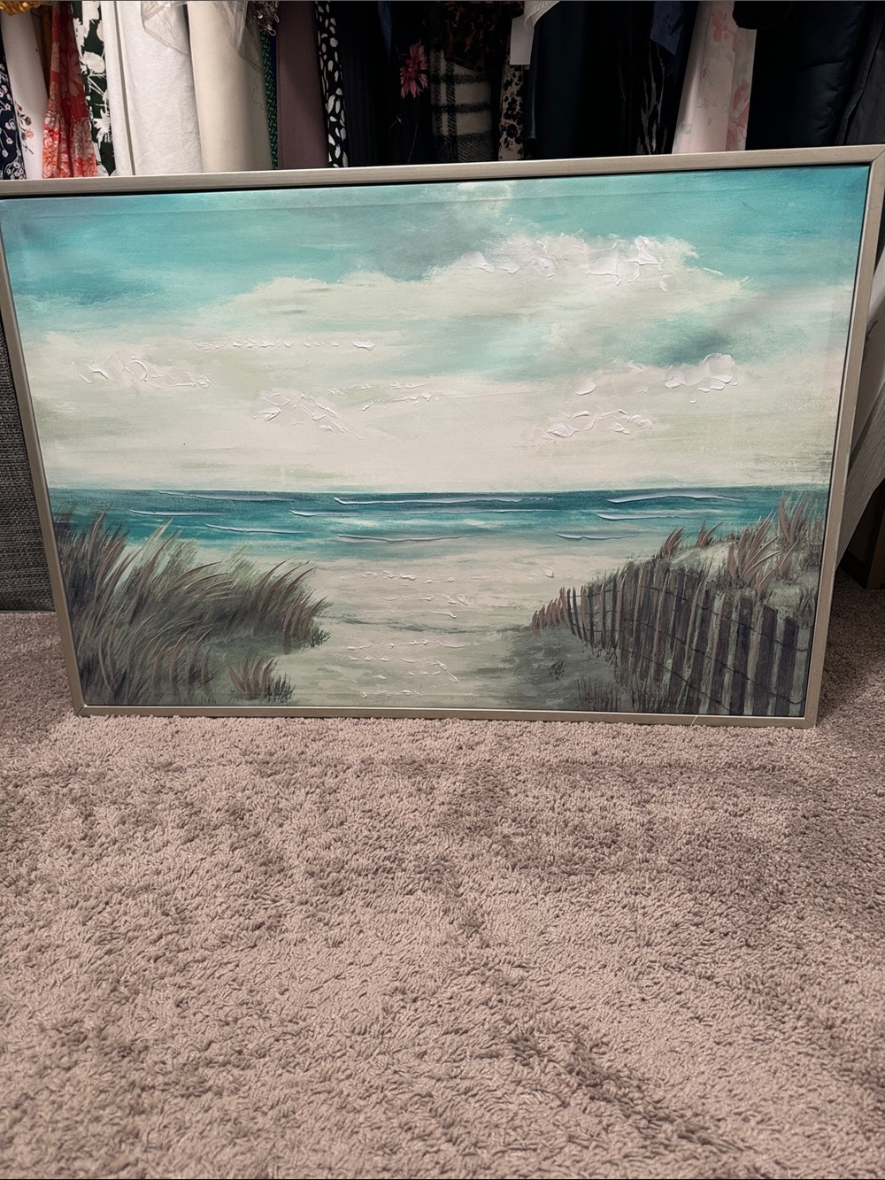 Vintage Teal and Sand Seaside Painting